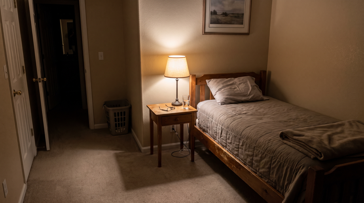 A made-up single bed in a quiet guest room at night