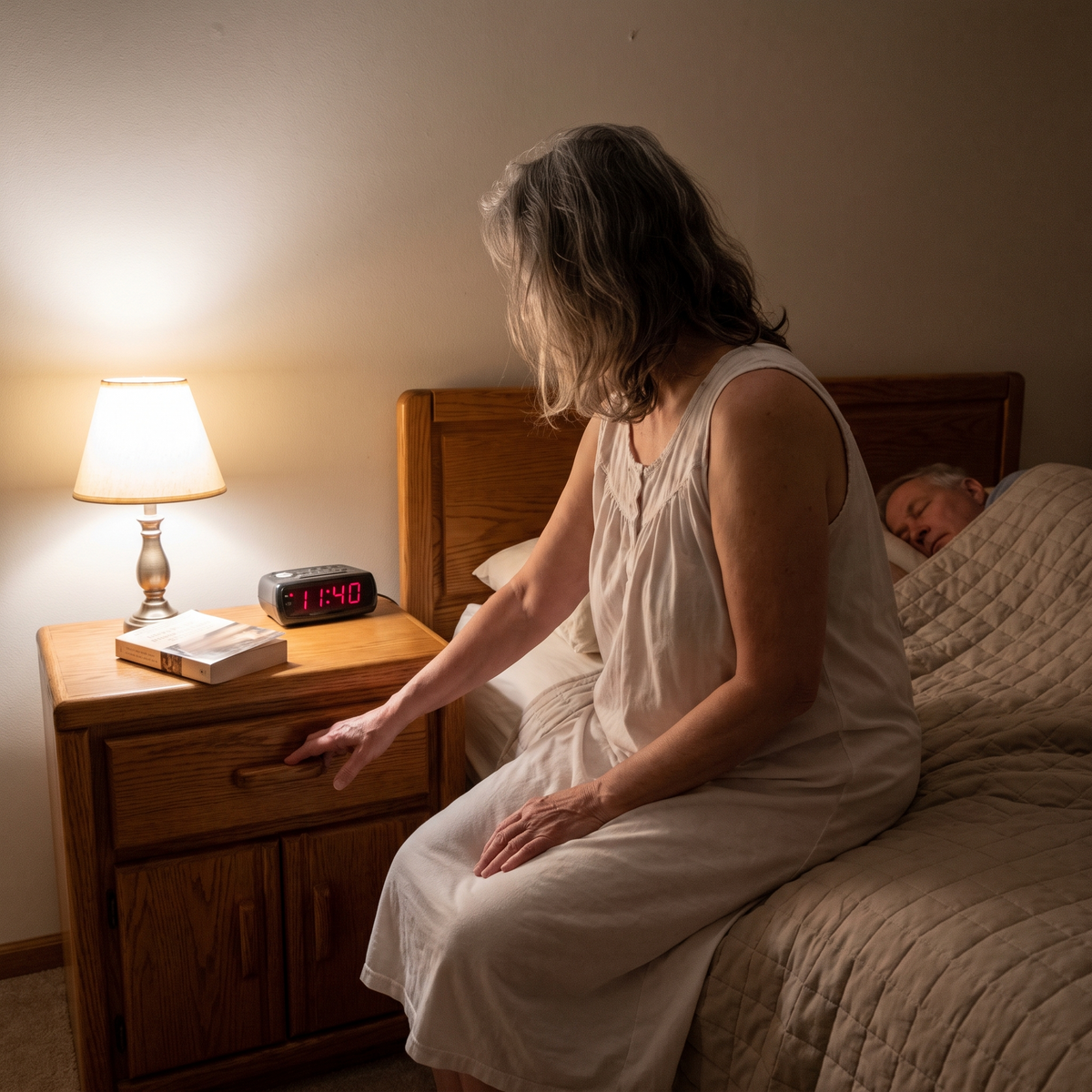 A woman sitting on the edge of her bed at night with her hand on the nightstand drawer