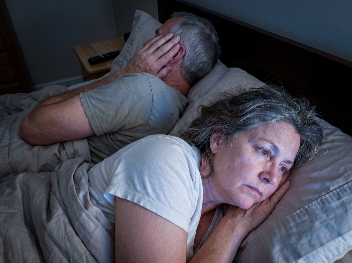 A couple lying back to back in bed, lit by the glow of a TV