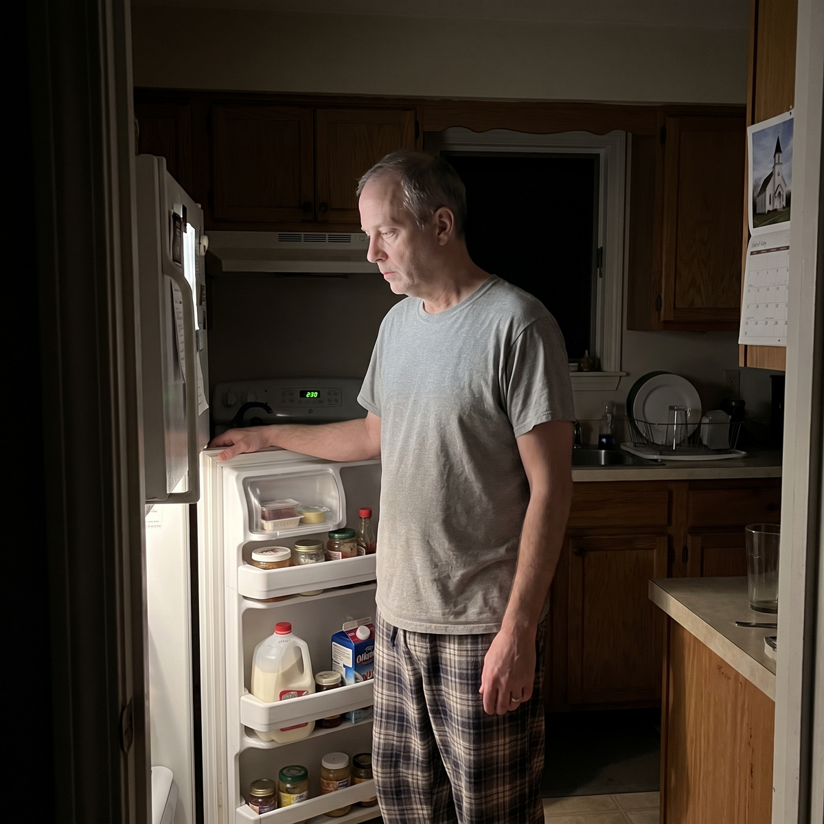 A man standing alone in a dark kitchen at night, lit by the open refrigerator