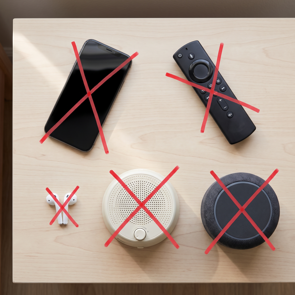 A phone, TV remote, earbud, white noise machine and smart speaker, each crossed out