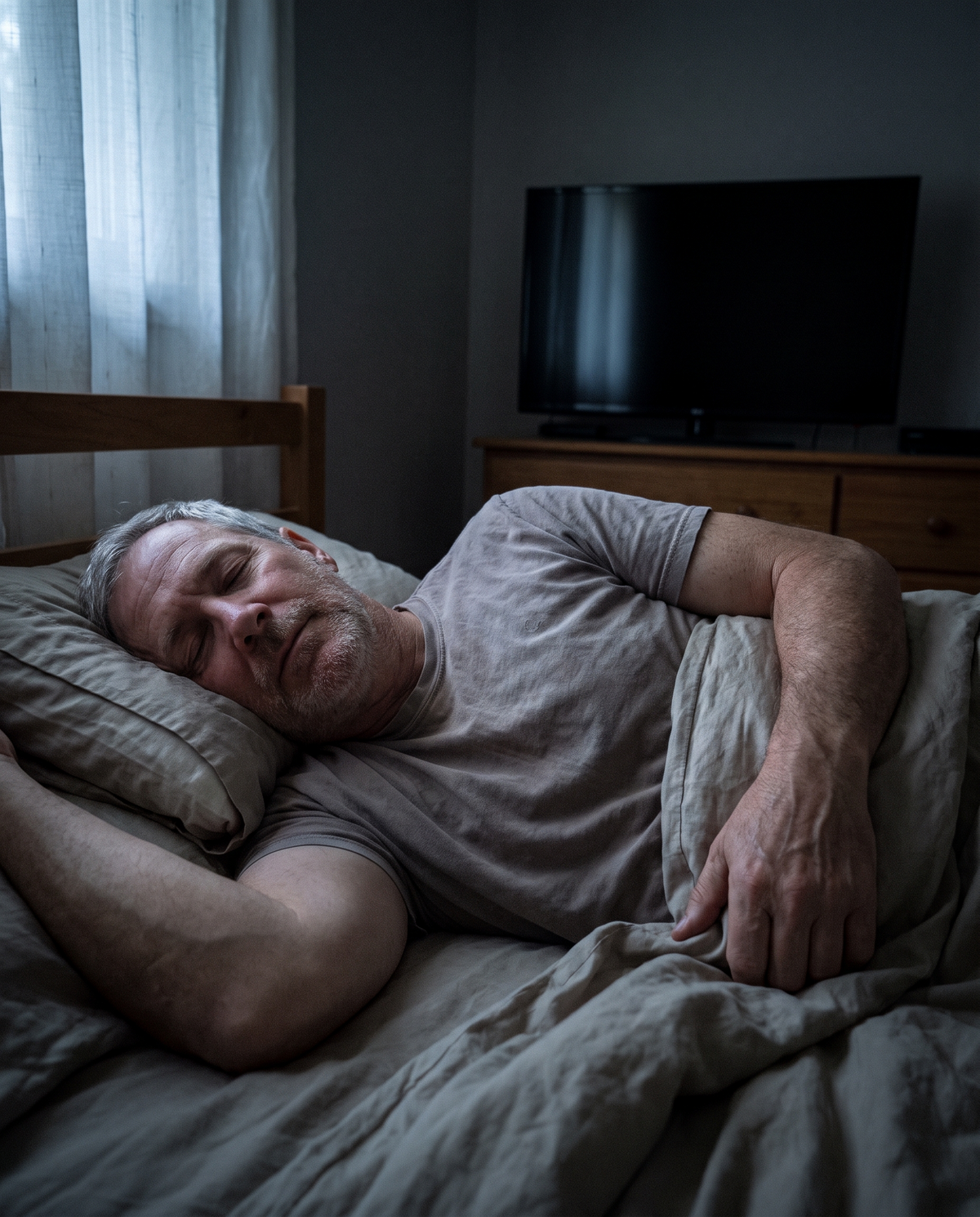 A man in his 60s asleep in a dark, quiet bedroom with the TV off