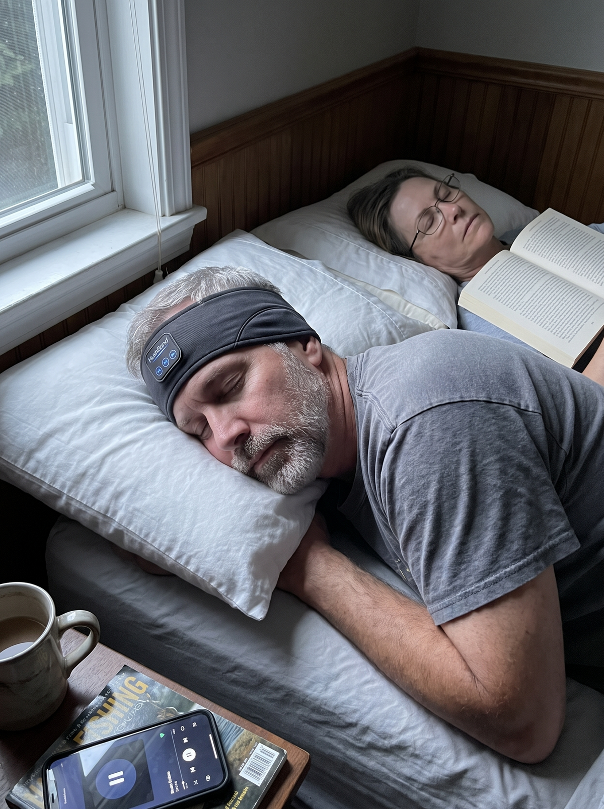 A man in his 60s asleep wearing HushBand while his wife sleeps with a book