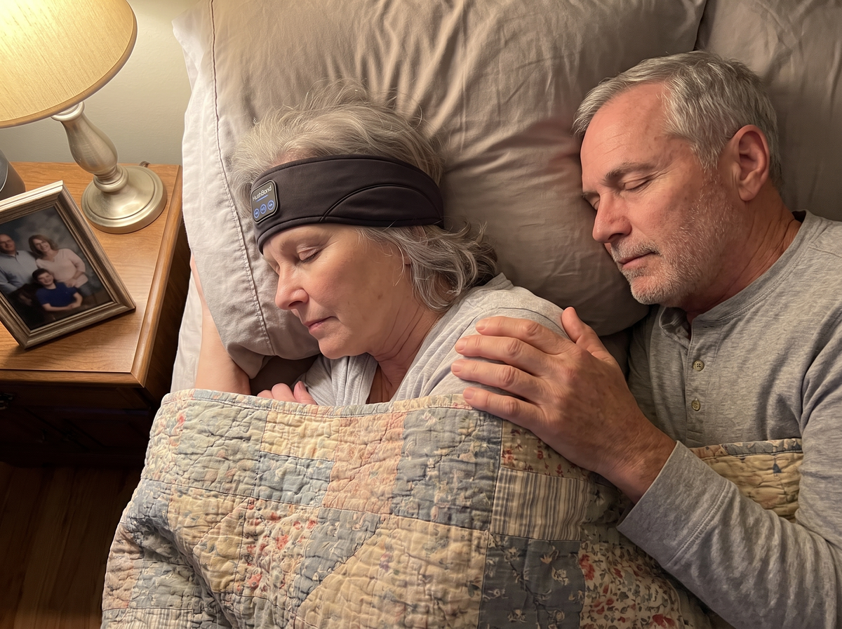 An older couple asleep facing each other, her wearing HushBand