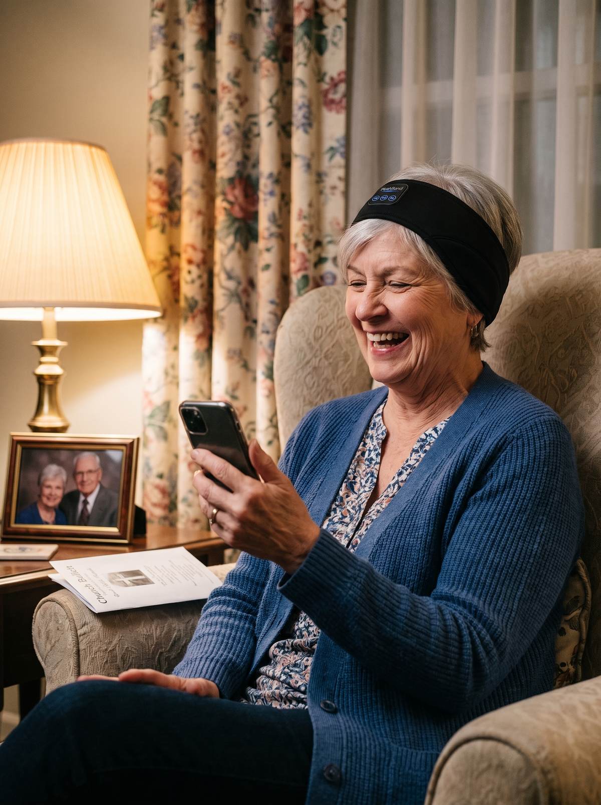 A woman in her late 60s on a video call wearing HushBand like a hairband