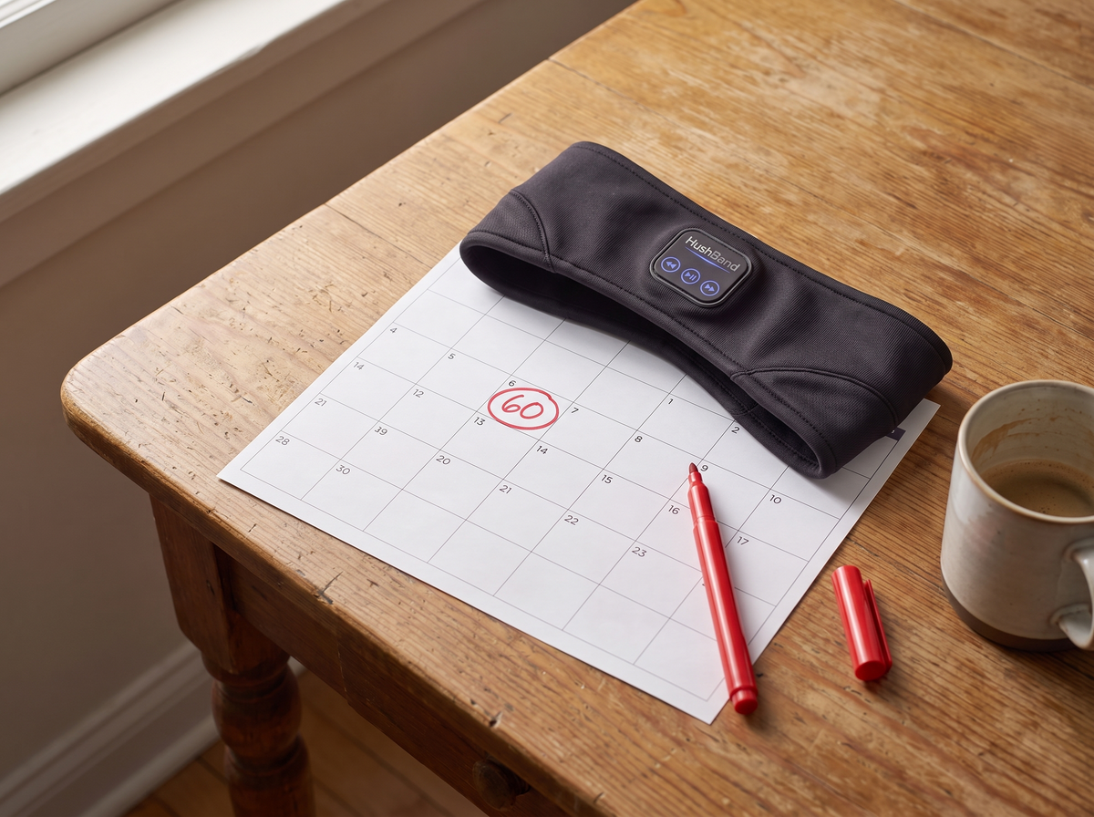 HushBand next to a calendar with 60 circled